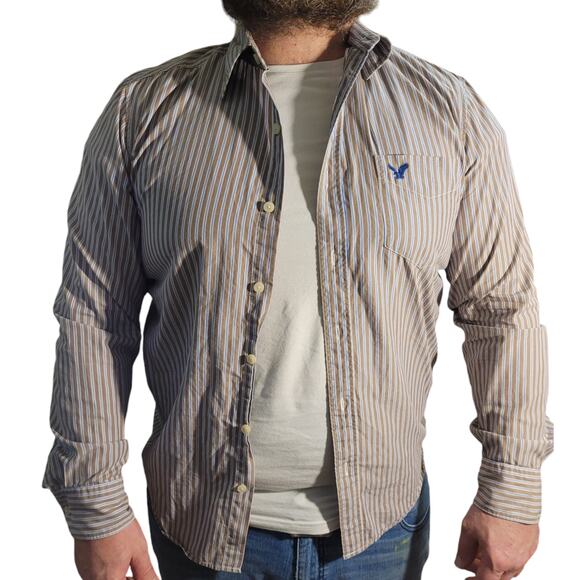American Eagle Men's Striped Button Down Shirt Sz Medium Cotton Logo Collegiate - Picture 1 of 9